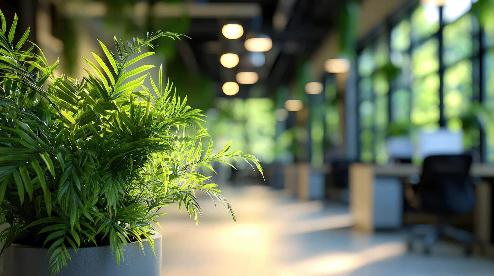 Green plants in a modern eco-friendly office 壁紙 — 一盆茂盛的綠色蕨類植物放在灰色花盆中，在前景中清晰對焦，背景是柔和模糊的現代辦公室走廊，沐浴在溫暖的陽光下。