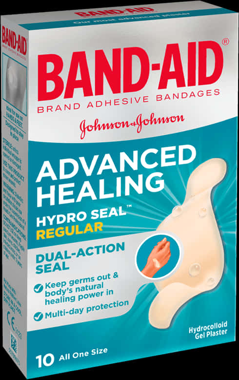 Medical 桌布 壁紙 — 一盒 Band-Aid Advanced Healing 水膠體凝膠貼片，帶有米色繃帶圖案，背景為青綠色和白色。