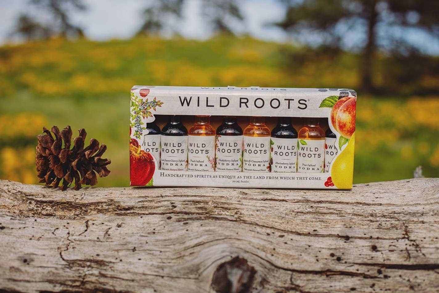 bottle 桌布 壁紙 — 一盒 Wild Roots 調味伏特加放在一條風化的木頭上，旁邊有一個松果，背景是模糊的黃色花田。