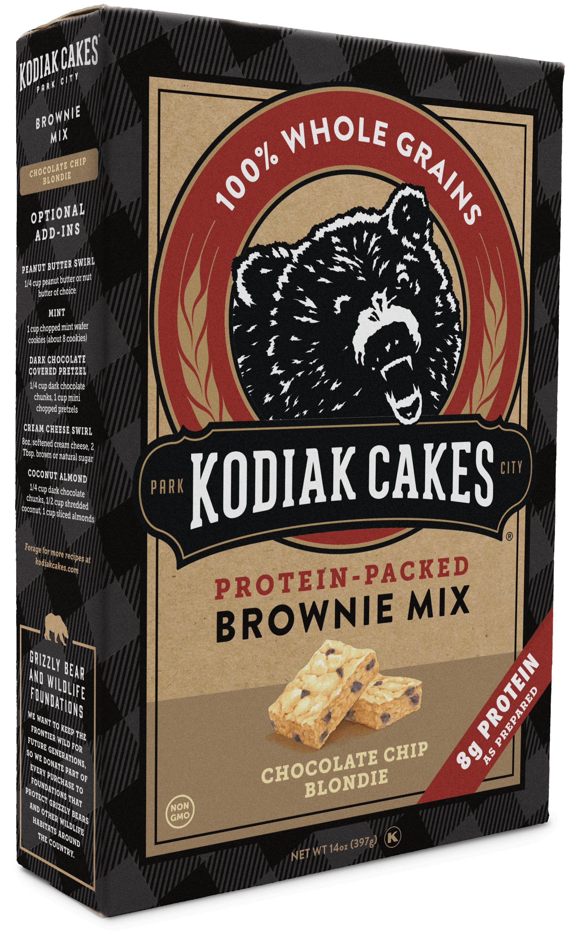布朗尼 桌布 壁紙 — 一盒Kodiak Cakes富含蛋白質的布朗尼混合粉，帶有咆哮的熊標誌和巧克力脆片金髮女郎樣本。