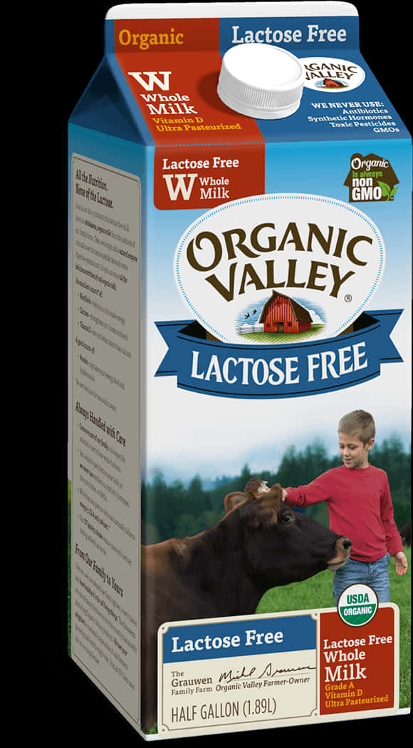 Milk Carton 桌布 壁紙 — 一盒Organic Valley無乳糖全脂牛奶，盒上有一個男孩在綠色田野中撫摸一頭牛。