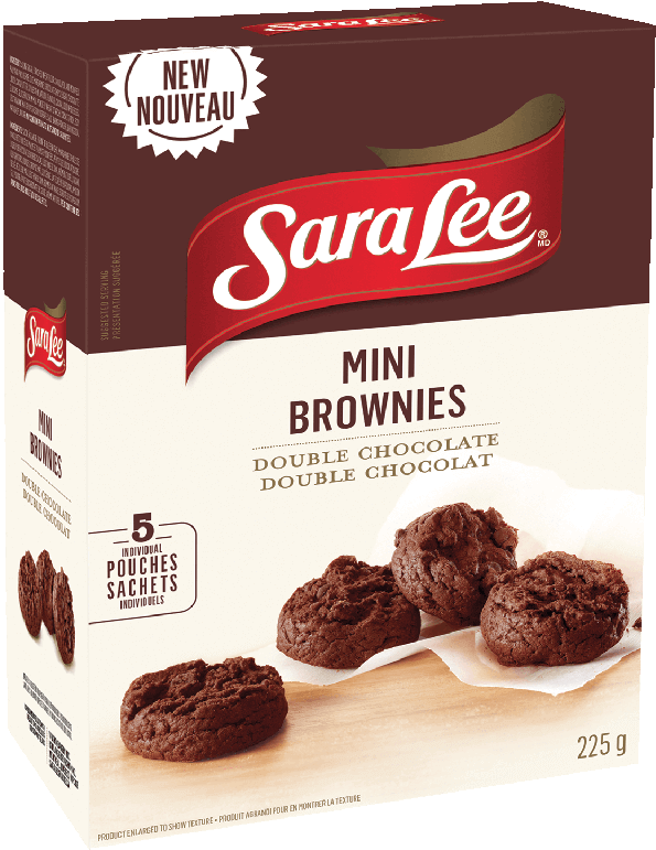 布朗尼 桌布 壁紙 — 一盒Sara Lee迷你雙重巧克力布朗尼，內有5個獨立包裝小袋，展示在木質表面上。