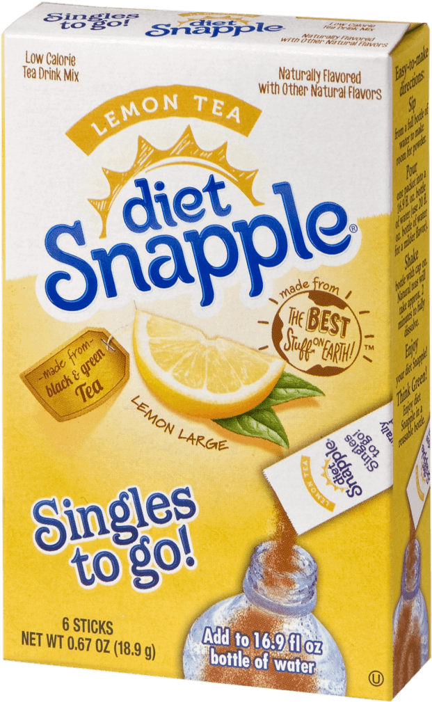 Juice 桌布 壁紙 — 一盒亮黃色的 Diet Snapple 檸檬茶單包沖劑，附有檸檬片和綠茶標籤。