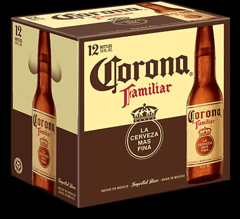Corona Beer 桌布 壁紙 — 一盒六罐裝的Corona Familiar啤酒，琥珀色瓶身搭配奶油棕色包裝，黑色背景。