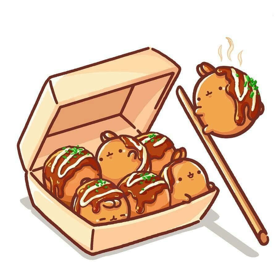 Kawaii Food 桌布 壁紙 — 一盒可愛卡通章魚燒球，有表情和醬汁滴落，其中一個用竹籤插著，冒著蒸氣。