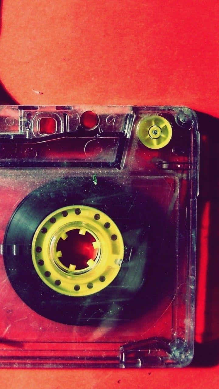 Mixtape 桌布 壁紙 — 一盒帶有黃色捲軸的復古卡式錄音帶，在戲劇性燈光下放置於有紋理的紅色表面上。