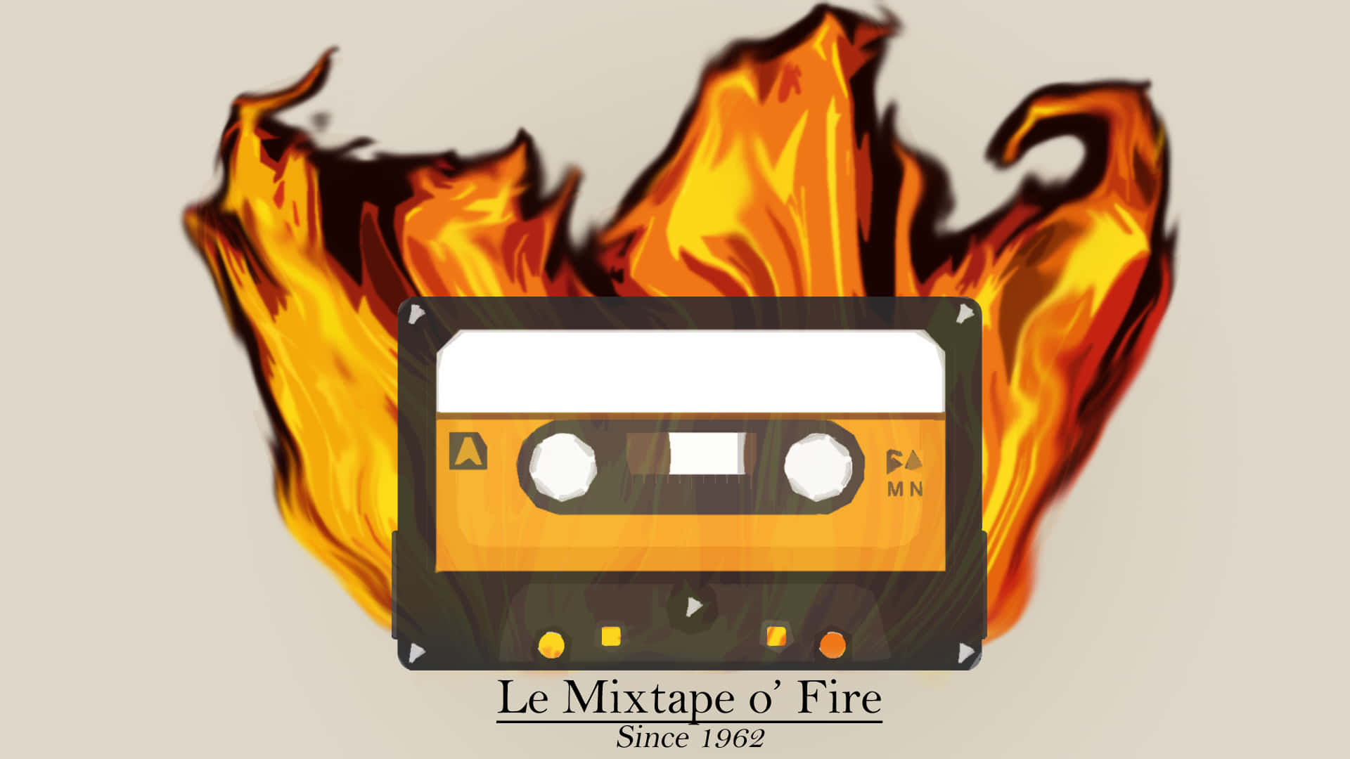 Mixtape 桌布 壁紙 — 一盒復古卡式錄音帶被鮮豔的橙色火焰吞噬，背景為中性米色。