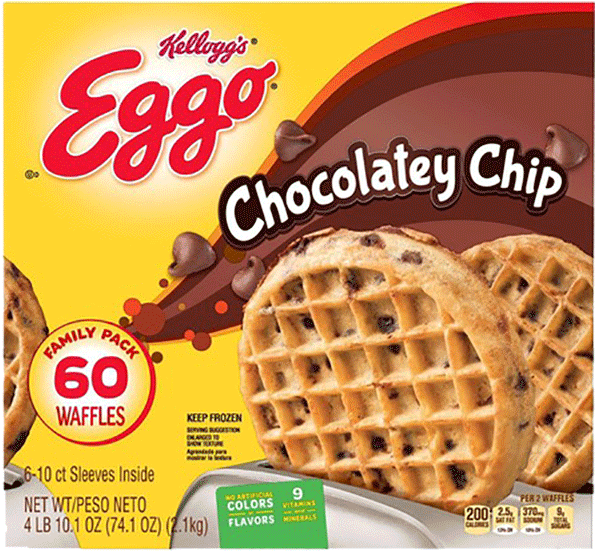 格子鬆餅 桌布 壁紙 — 一盒明亮的黃色Kellogg's Eggo Chocolatey Chip鬆餅，巧克力碎片在金黃色鬆餅周圍飛舞。