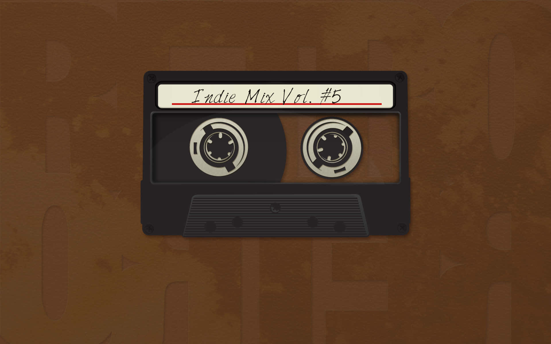 音樂美學 桌布 壁紙 — 一盒標有「Indie Mix Vol. #5」的復古黑色卡式錄音帶，放置在帶有微妙幾何圖案的紋理棕色背景上。