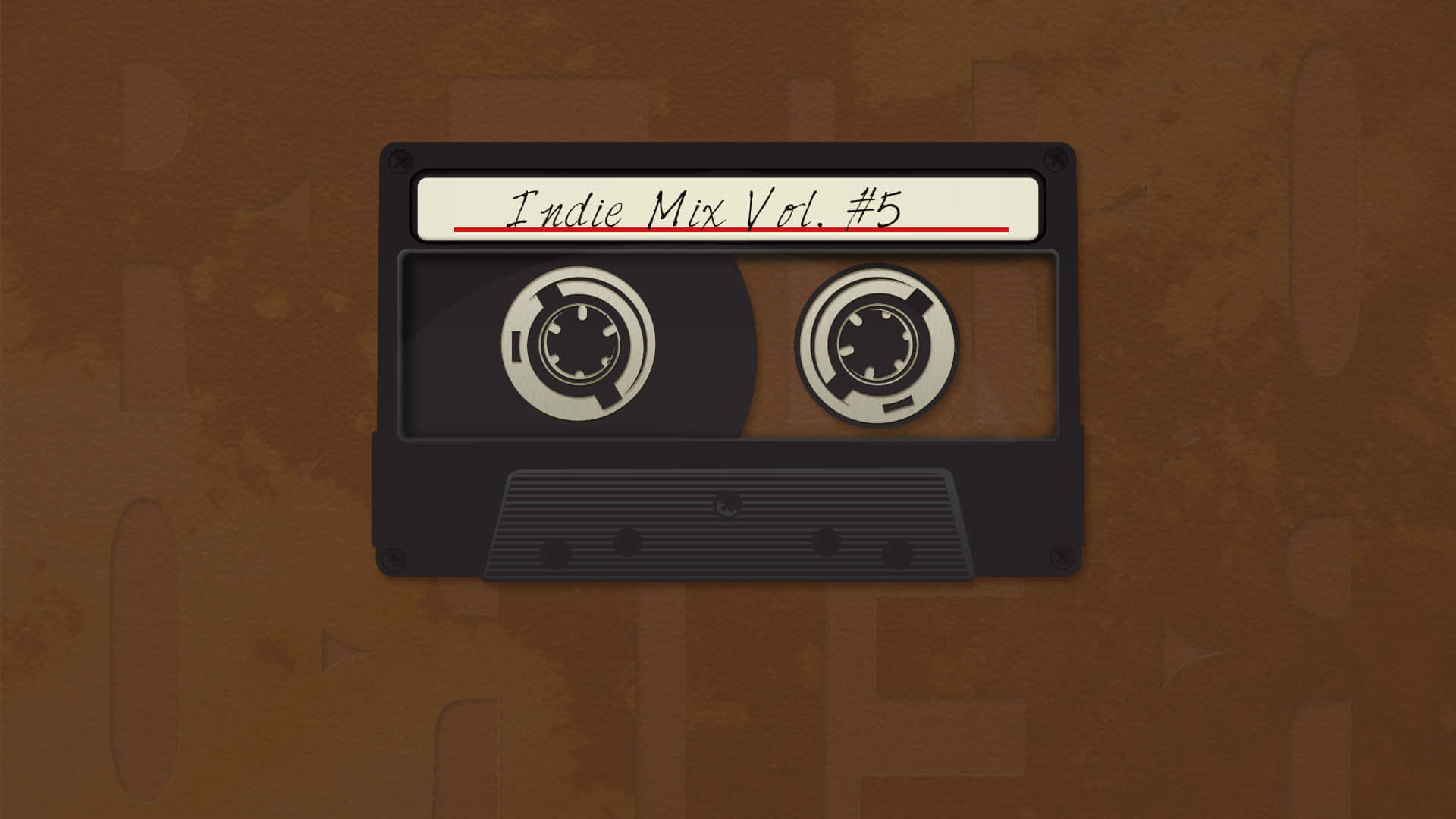 Minimalist Retro 桌布 壁紙 — 一盒標有「Indie Mix Vol #5」的復古黑色卡式錄音帶，放置在帶有紋理的棕色背景上。