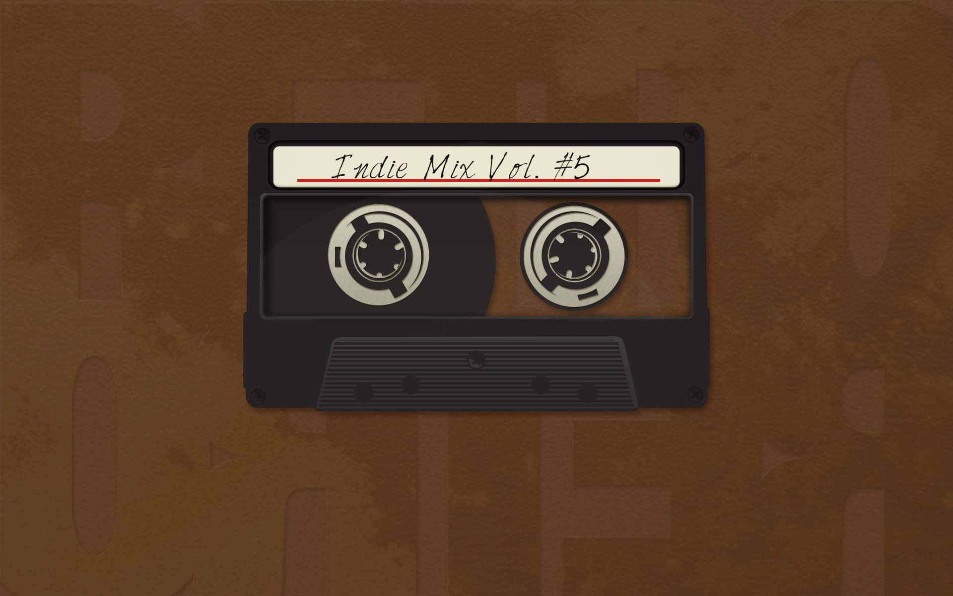 Brown Minimalist 桌布 壁紙 — 一盒標有「Indie Mix Vol. #5」的復古黑色卡式錄音帶，放置在帶有褪色字樣的紋理棕色背景上。