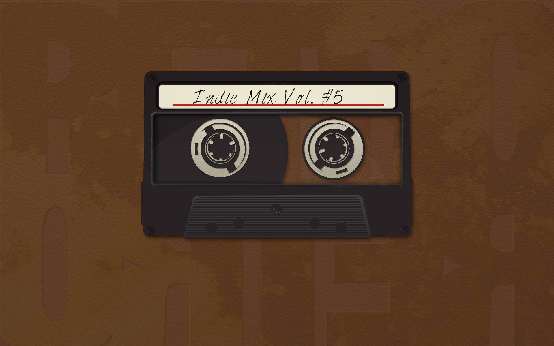 淺棕色美學動圖 桌布 壁紙 — 一盒標有「Indie Mix Vol. #5」的復古黑色卡式錄音帶，放置在帶有細微音符圖案的紋理棕色背景上。