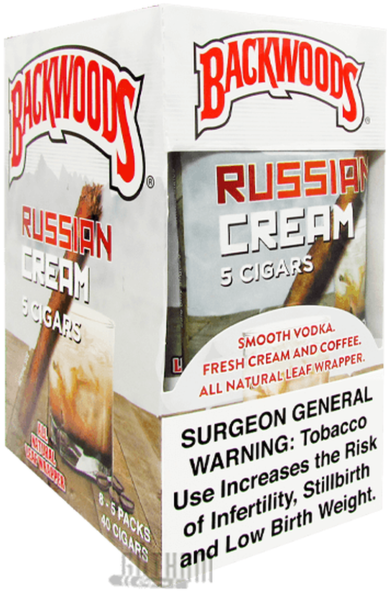 Backwoods 桌布 壁紙 — 一盒白色Backwoods Russian Cream雪茄，帶有鮮明的紅色品牌標識和可見的警告標籤。