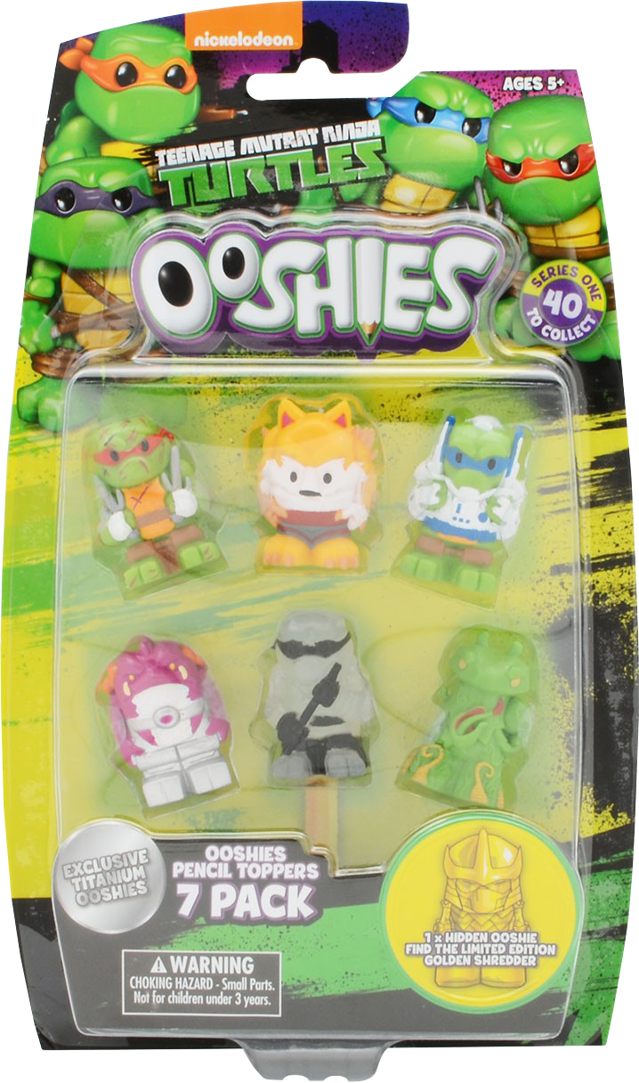 忍者 桌布 壁紙 — 一盒色彩繽紛的 Teenage Mutant Ninja Turtles Ooshies 鉛筆頂飾，包含鮮綠色、黃色和粉紅色的小型收藏公仔。