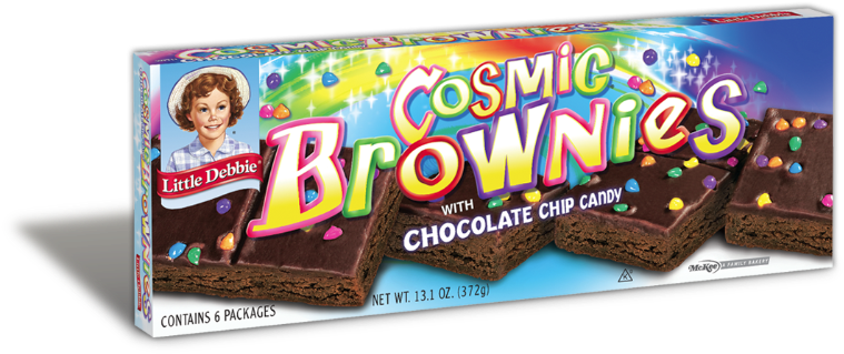 布朗尼 桌布 壁紙 — 一盒色彩繽紛的Cosmic Brownies，內含巧克力豆糖果，包裝上有微笑女孩和彩虹閃光。