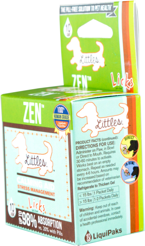 禪 桌布 壁紙 — 一盒色彩鮮豔的 Zen Licks 寵物鎮靜輔助劑，帶有活潑的臘腸犬插圖和清晰的使用說明。