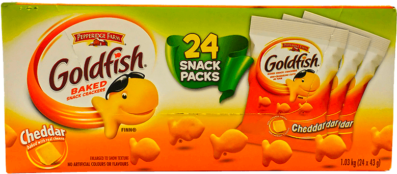 金魚 桌布 壁紙 — 一盒色彩鮮豔的Pepperidge Farm Goldfish Cheddar零食餅乾，帶有卡通魚角色和24個獨立包裝。