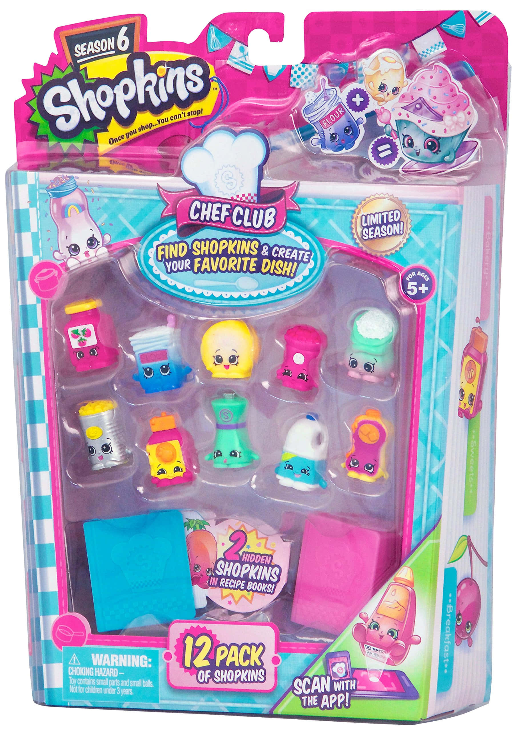 Shopkins 桌布 壁紙 — 一盒色彩鮮豔的粉藍色包裝，內含12個Shopkins Chef Club玩具公仔，附有食譜書和配件。