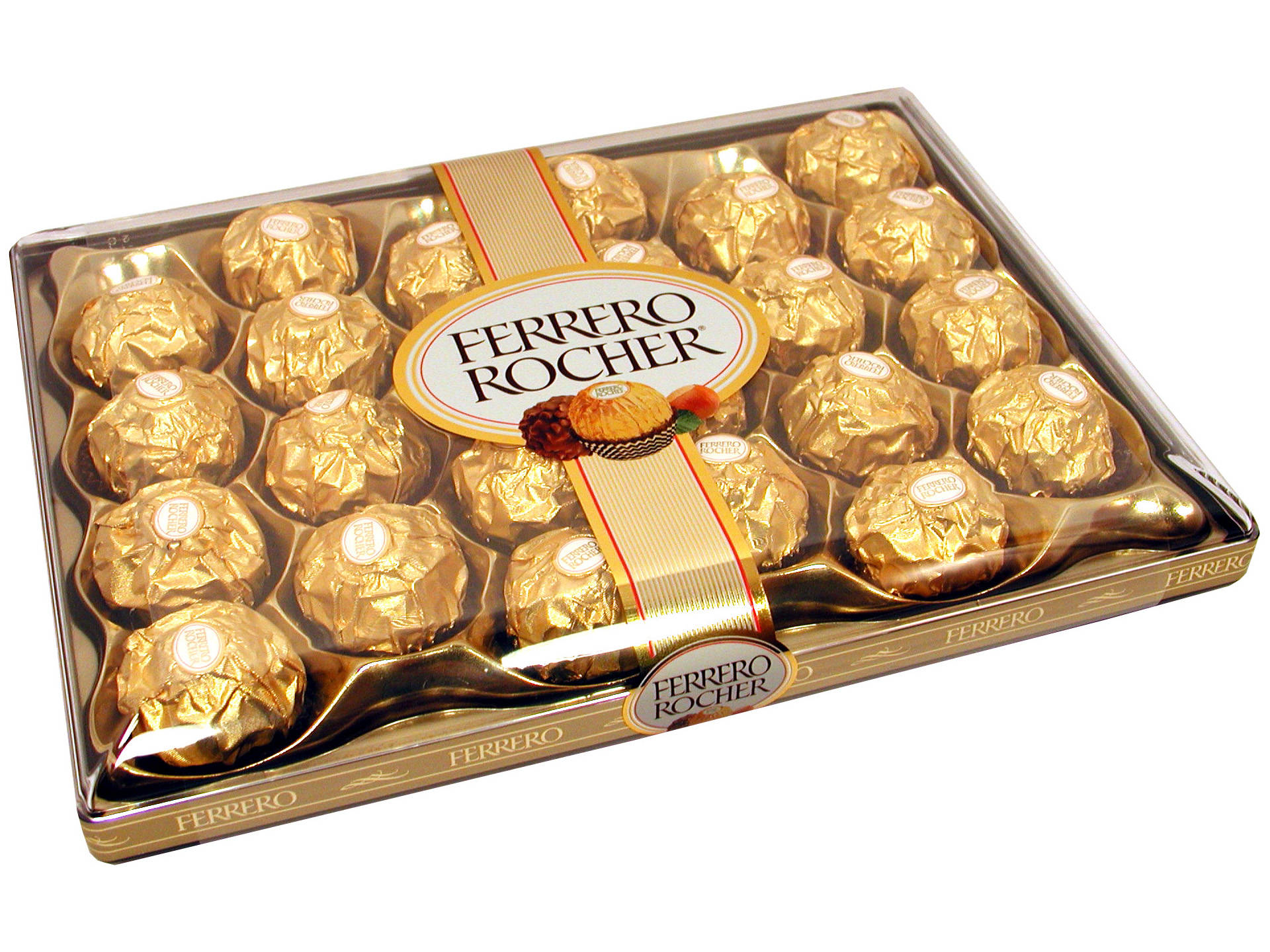 Foil 桌布 壁紙 — 一盒豪華的 Ferrero Rocher 巧克力，金色箔紙包裝，優雅品牌。