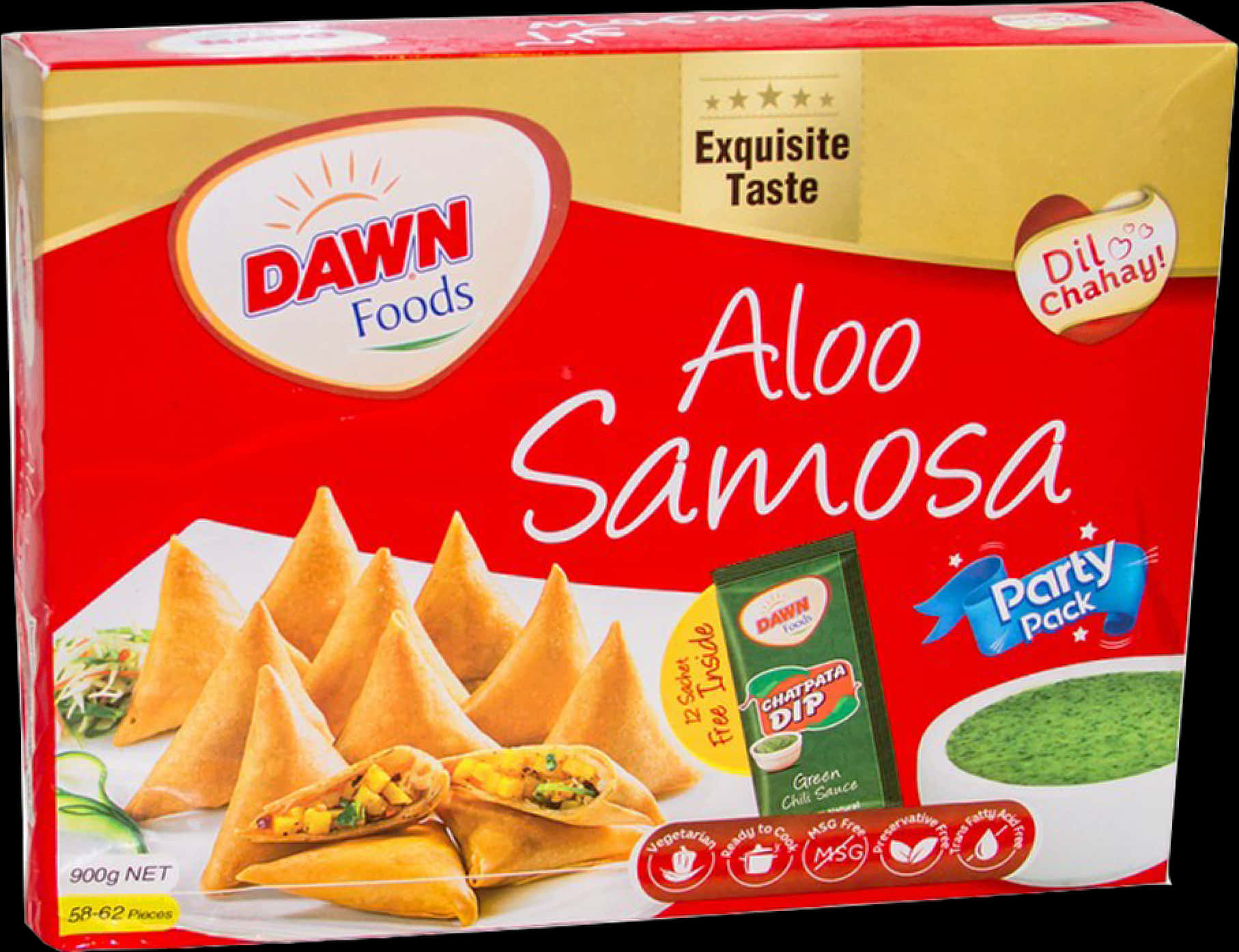 Snack 桌布 壁紙 — 一盒鮮紅色的Dawn Foods Aloo Samosa派對包裝，內有金黃色炸咖哩角和青辣椒醬。