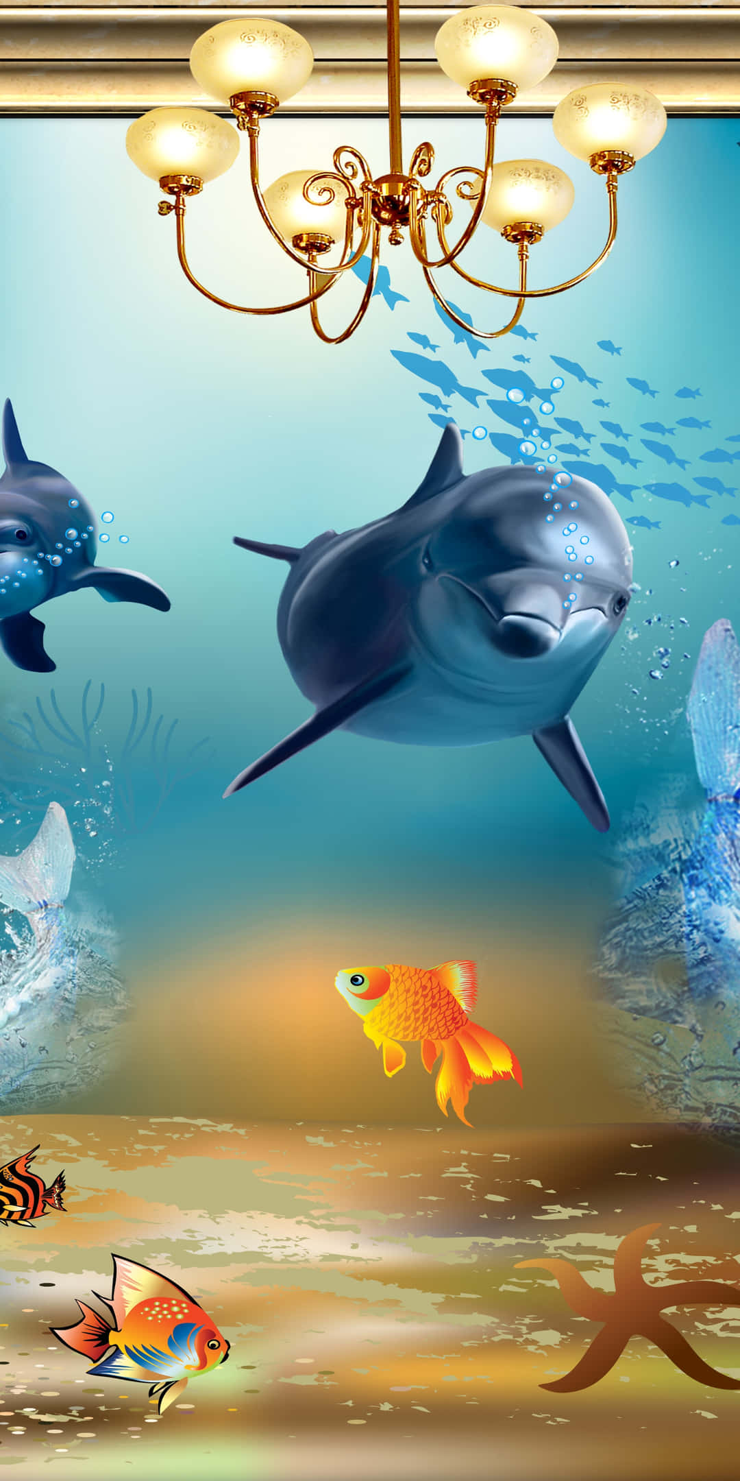 Pixel 3 Fish 桌布 壁紙 — 一盞吊燈懸掛在海豚和色彩繽紛的魚類上方，牠們在一個超現實的水下場景中游泳，周圍有珊瑚和海星。