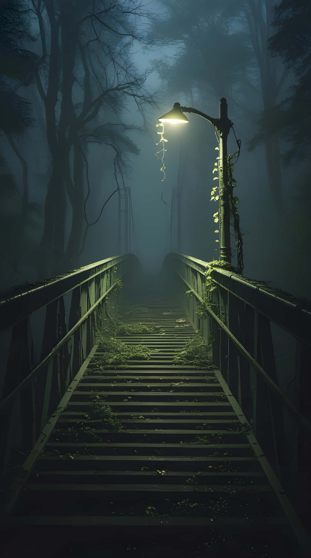 The amazing adventure path in forest 壁紙 — 一盞孤獨發光的街燈照亮了一條長滿苔蘚的廢棄橋樑，蜿蜒穿過夜晚霧氣瀰漫的黑暗森林。