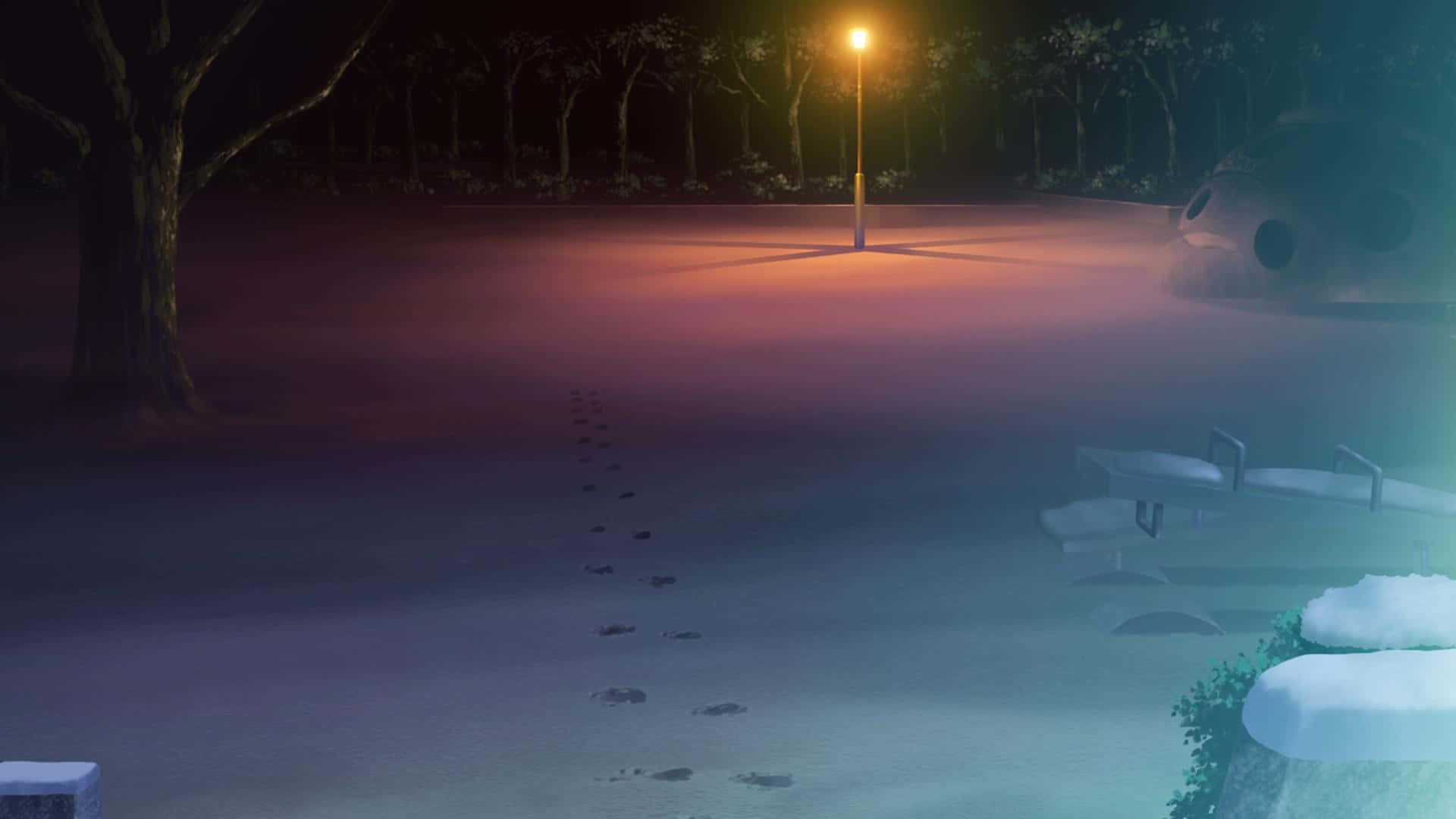 Erased 桌布 壁紙 — 一盞孤獨的路燈在雪地上投下溫暖的光芒，腳印引向夜晚的黑暗森林。