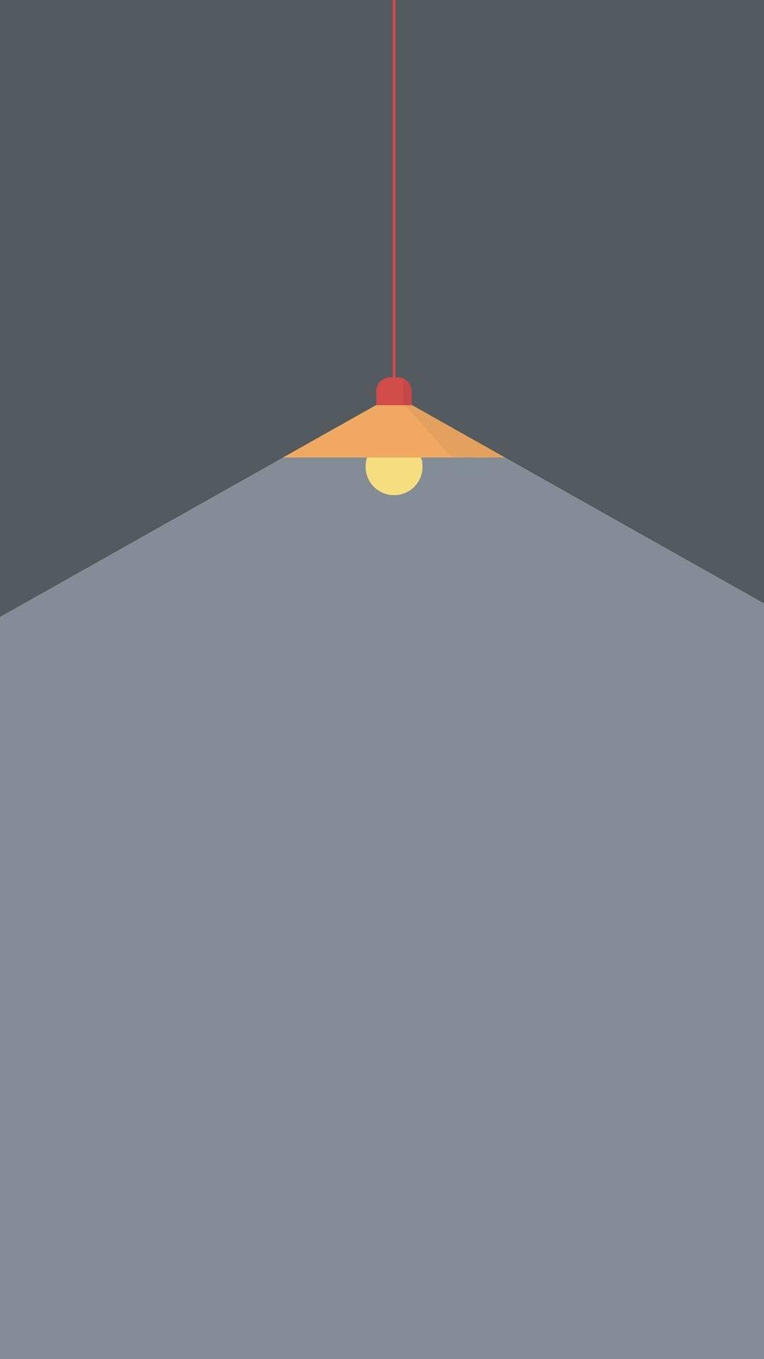 Minimalist Phone 桌布 壁紙 — 一盞極簡風格的吊燈，配有橙色燈罩和紅色電線，在柔和的灰色牆壁上投射出溫暖的圓錐形光線。
