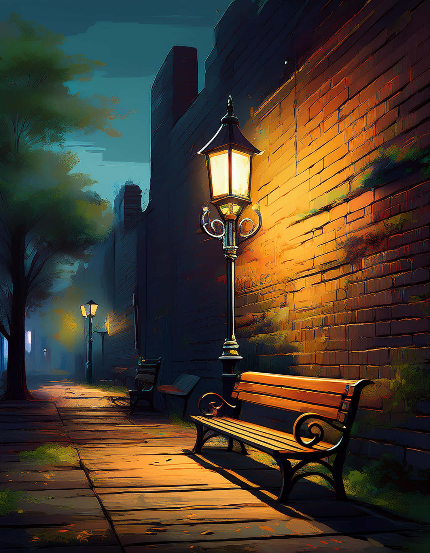 A Quiet Bench Under the Street Lights at Night 壁紙 — 一盞溫暖照明的復古街燈在黃昏時分，於霧氣瀰漫的小巷中，在磚牆旁的木長椅上投下金色光芒。