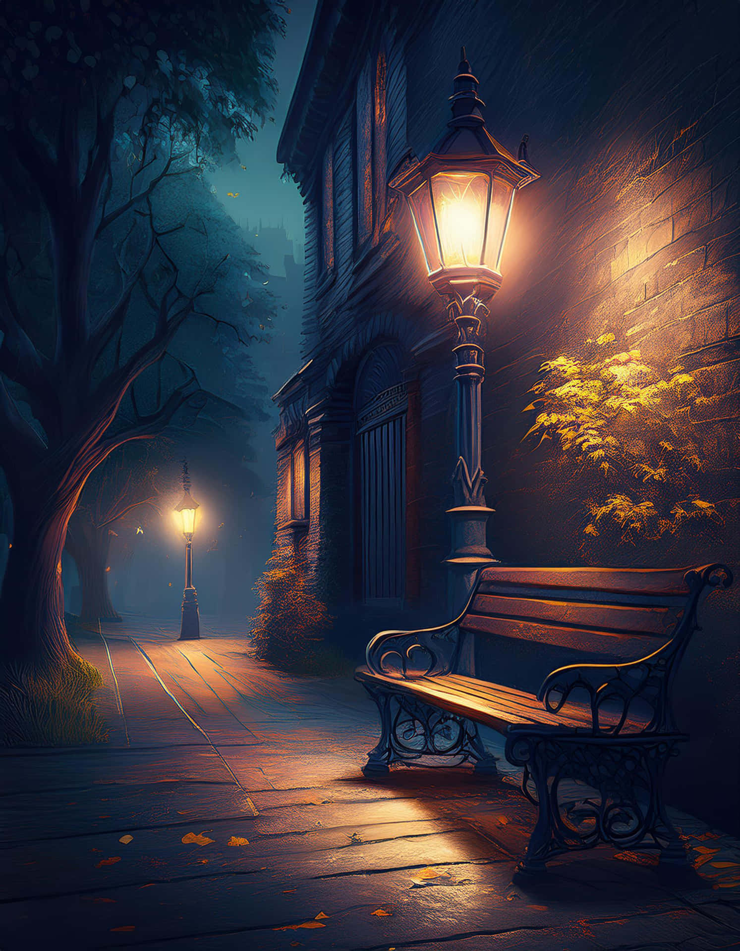 A Quiet Bench Under the Street Lights at Night 壁紙 — 一盞溫暖照明的復古路燈在霧濛濛的暮色中，將金色光芒投射在石頭建築旁的精緻長椅上。