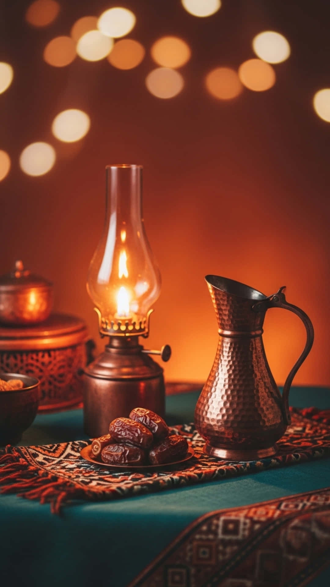 Ramadan Background with Crescent Moon, Mosque and Lanterns 壁紙 — 一盞溫暖發光的油燈和錘紋銅壺放在圖案地毯上的椰棗旁邊，背景是柔和散景燈光。