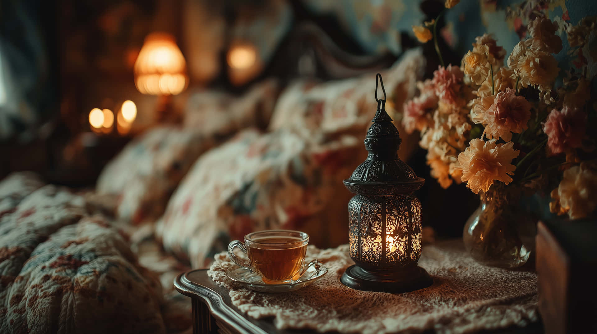 Detailed Image of Cozy Bedroom with Warm Tea and Lantern 壁紙 — 一盞溫暖的燈籠和茶杯放在蕾絲桌布上，旁邊是一瓶桃花，在一個舒適昏暗的房間裡。