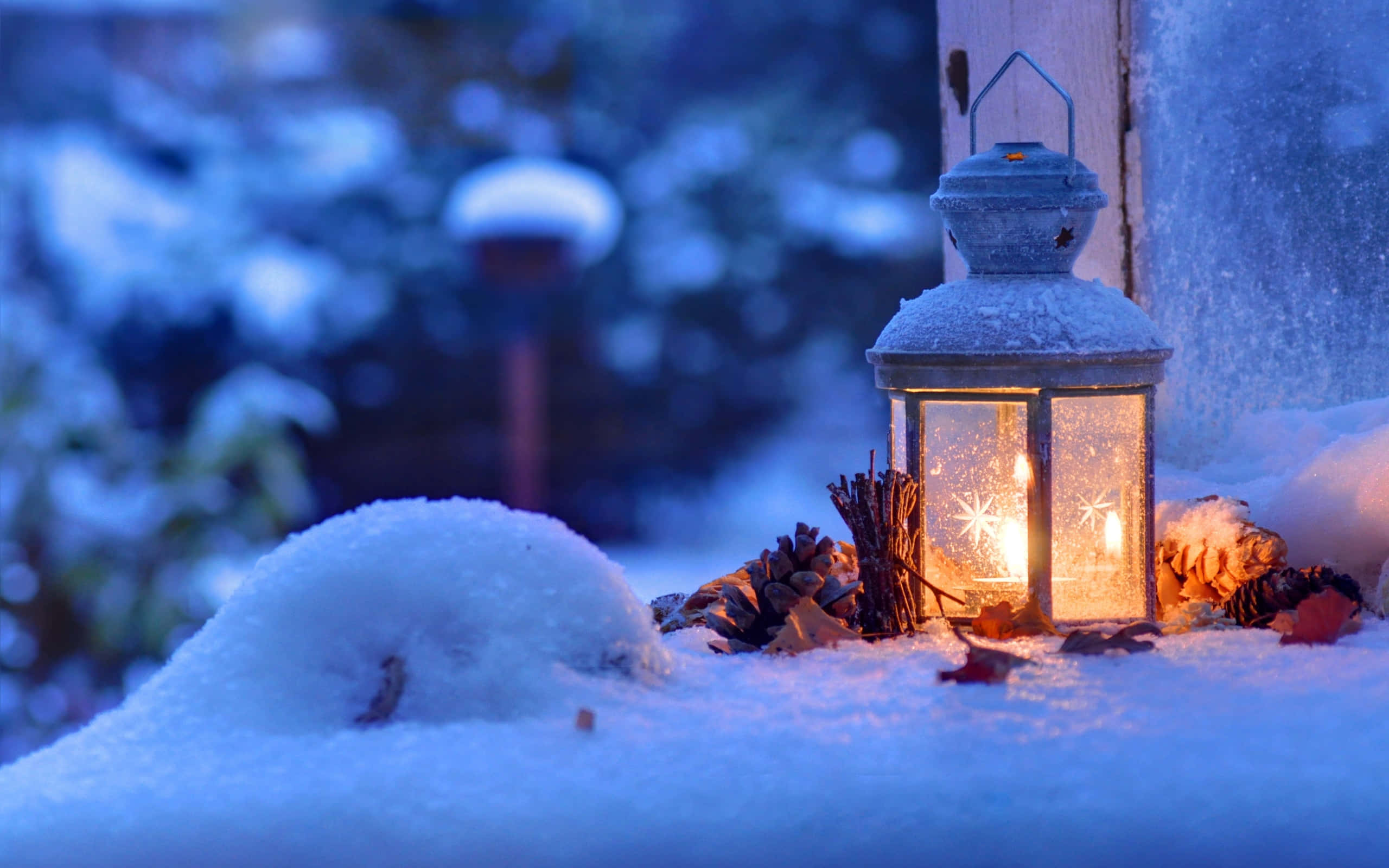 Lantern 桌布 壁紙 — 一盞發光的燈籠在暮色中將溫暖的光投射在雪地上，旁邊有松果和結霜的木柱。