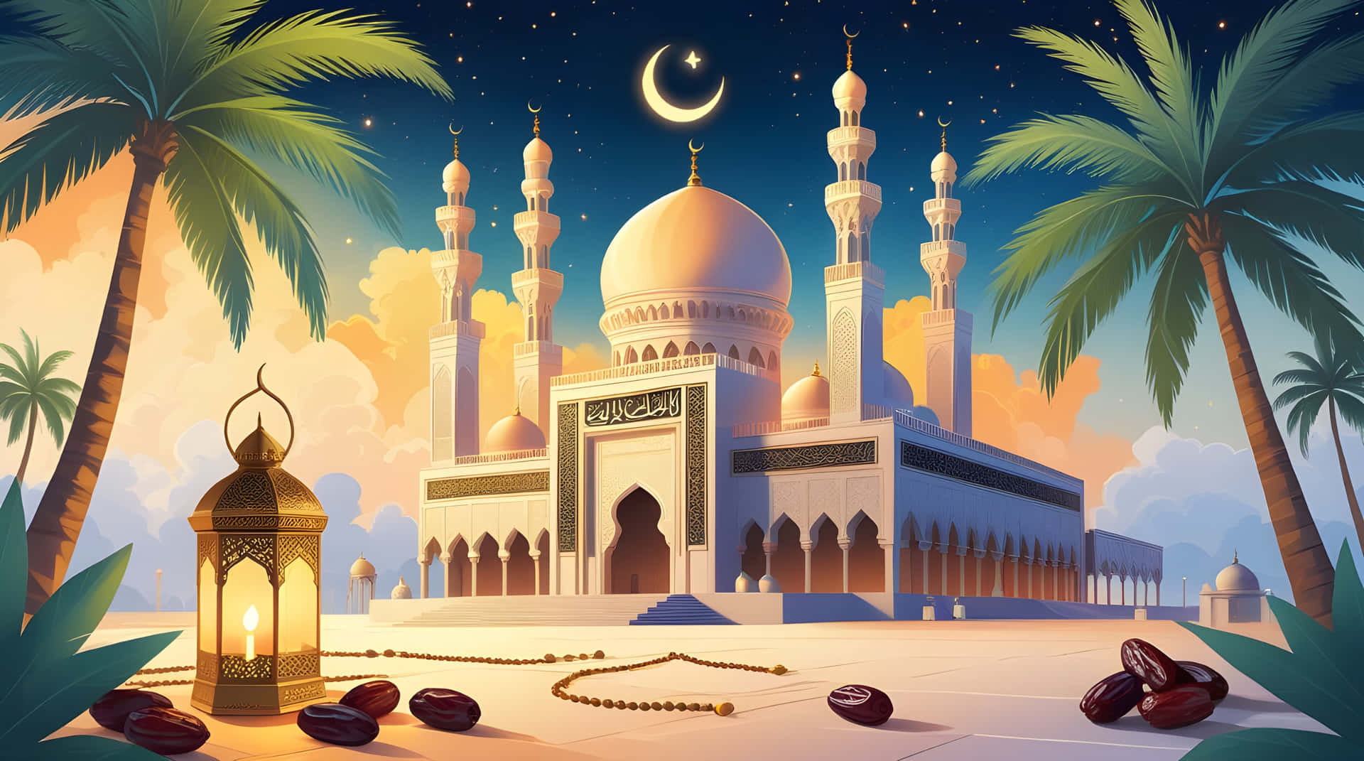Ramadan Mobarak 壁紙 — 一盞發光的燈籠放在新月下的大清真寺前，附近散落著棕櫚樹和椰棗。