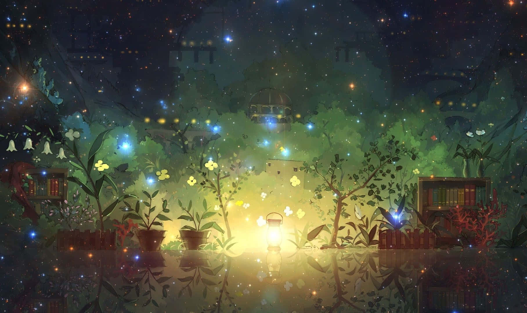 Only Yesterday 桌布 壁紙 — 一盞發光的燈籠照亮了夜晚的神秘花園，漂浮的花朵和星星倒映在水中。