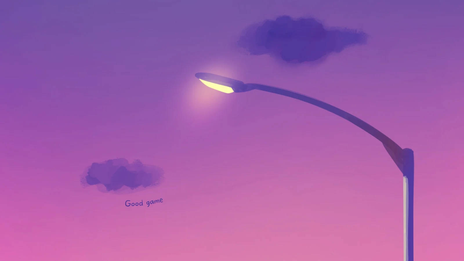 girly pink aesthetic 桌布 壁紙 — 一盞發光的街燈在夢幻的紫色和粉紅色暮色天空中投射出溫暖的光芒，伴隨著柔軟的雲朵和文字「Good game」。