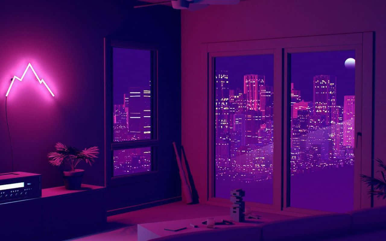 1280x800 桌布 壁紙 — 一盞霓虹粉紅山形燈在一個簡約的房間裡發光，俯瞰著夜晚充滿活力的紫色城市景觀。