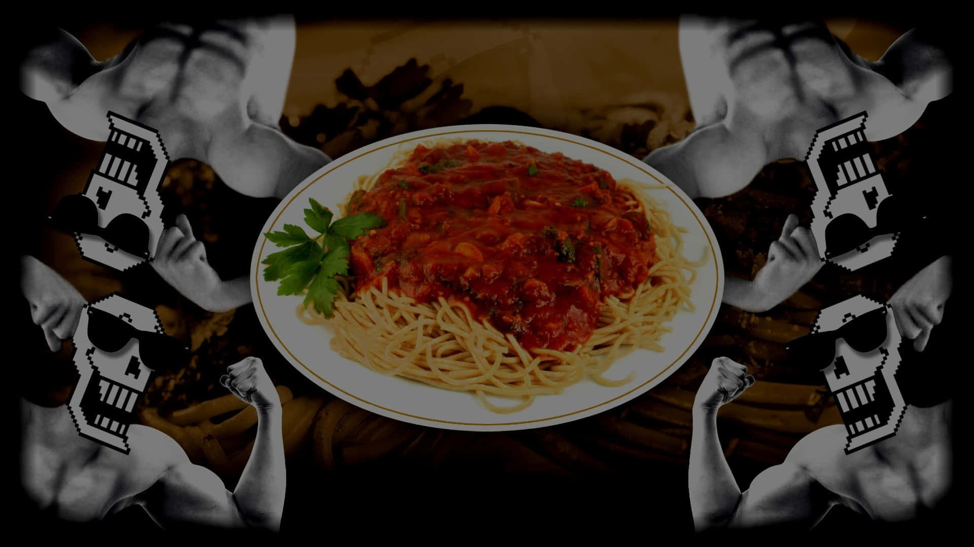 Dish 桌布 壁紙 — 一盤以歐芹裝飾的肉醬義大利麵，兩旁有肌肉發達的男子手持像素化骷髏面具。