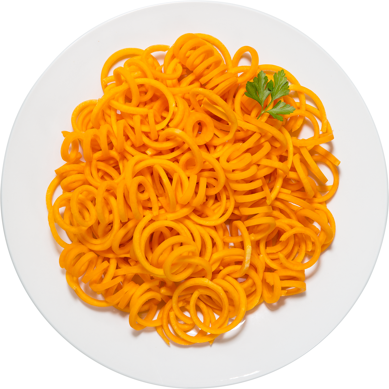 Noodle 桌布 壁紙 — 一盤充滿活力的亮橙色螺旋地瓜麵條，上面點綴著一片綠色歐芹葉，放在白色盤子上。