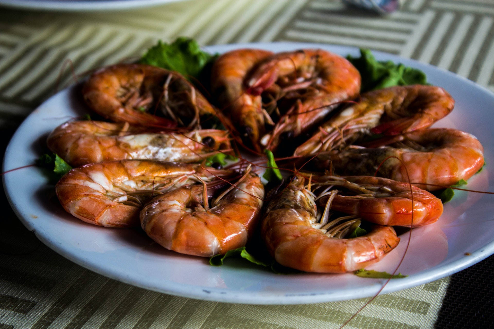 Food Photography 桌布 壁紙 — 一盤光澤的熟蝦排列成圓形放在綠色生菜上，背景是柔焦的條紋桌布。