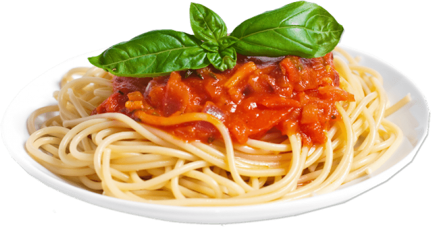 Pasta 桌布 壁紙 — 一盤義大利麵配以濃郁番茄醬和新鮮羅勒葉裝飾。