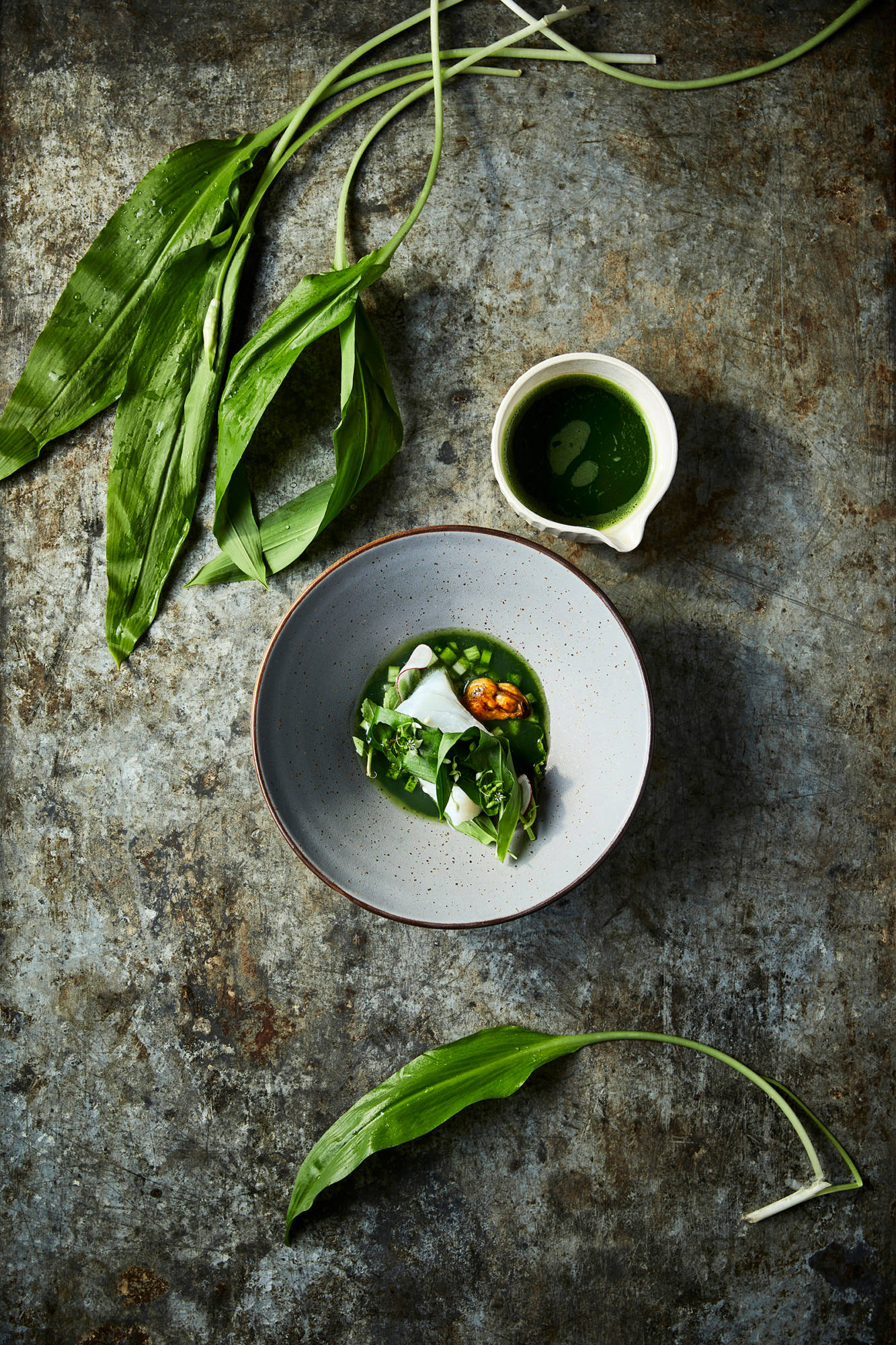 Food Photography 桌布 壁紙 — 一碗充滿活力的綠色湯，配有新鮮香草和白色方塊，放在一個風化的金屬表面上，周圍散落著樹葉。
