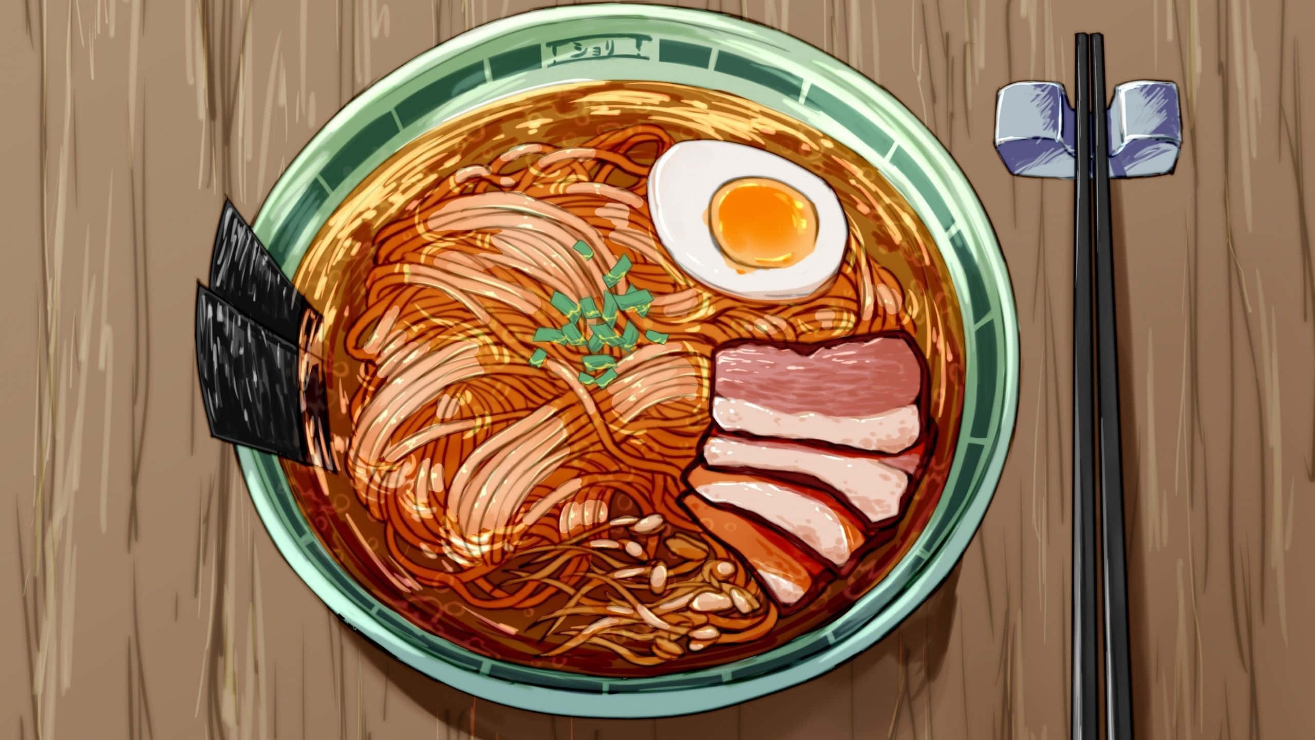 Naruto Ramen 桌布 壁紙 — 一碗冒煙的拉麵，配有溏心蛋和叉燒，放在木桌上，旁邊有筷子。