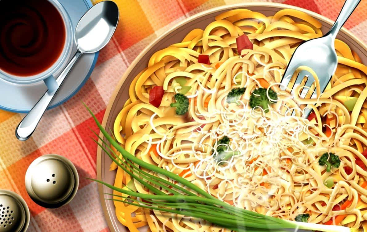 Pasta 桌布 壁紙 — 一碗冒煙的義大利麵搭配花椰菜和起司，旁邊放著一杯茶，放在格子桌布上。