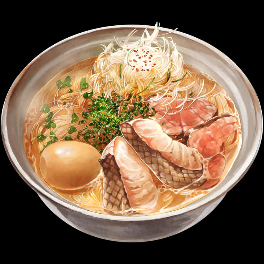Noodles 桌布 壁紙 — 一碗冒著熱氣的拉麵，配上嫩滑的叉燒豬肉片、溏心蛋、豆芽和青蔥，浸泡在濃郁的湯頭中。