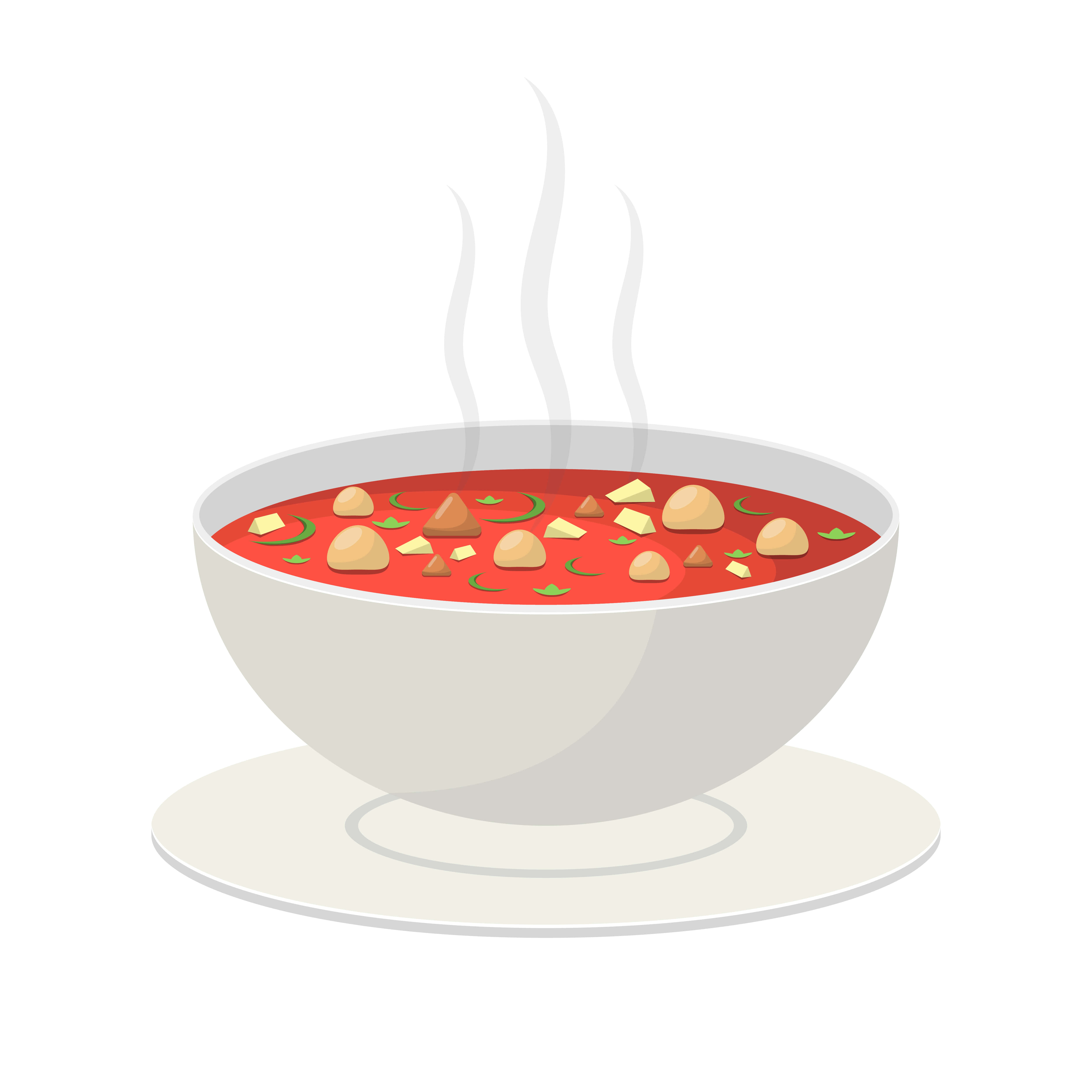 Soup 桌布 壁紙 — 一碗冒著熱氣的鮮紅色湯，裡面有餃子和香草，放在碟子上，背景是潔淨的白色。