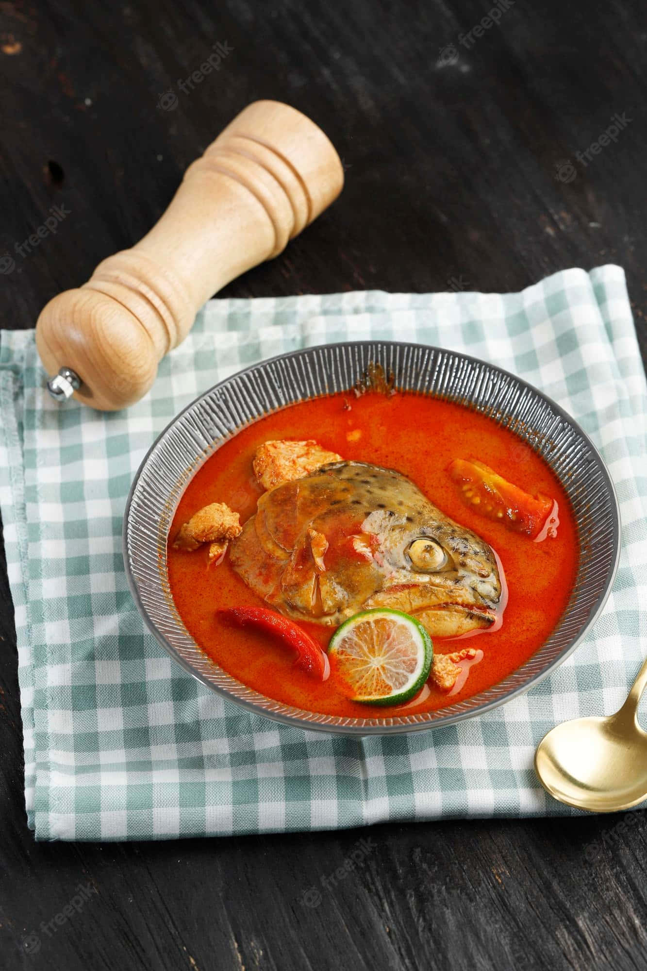 Food Photography 桌布 壁紙 — 一碗冒著熱氣的鮮紅色魚咖哩，配有整條魚頭、萊姆片和辣椒，放在格子餐巾上，旁邊有一個木製胡椒磨。