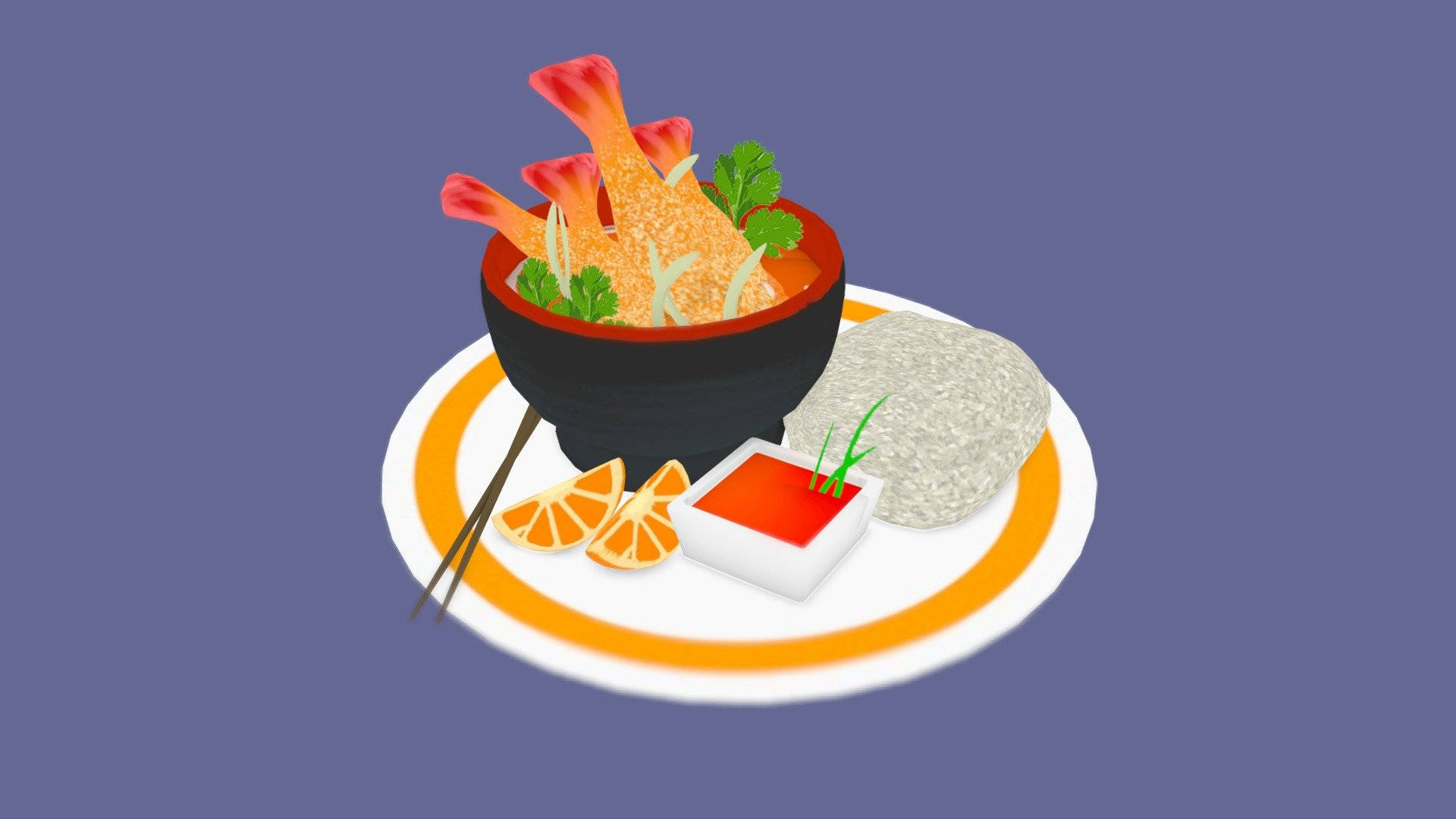 shrimp 桌布 壁紙 — 一碗天婦羅蝦配米飯和橙片放在盤子上的鮮豔數位插圖。