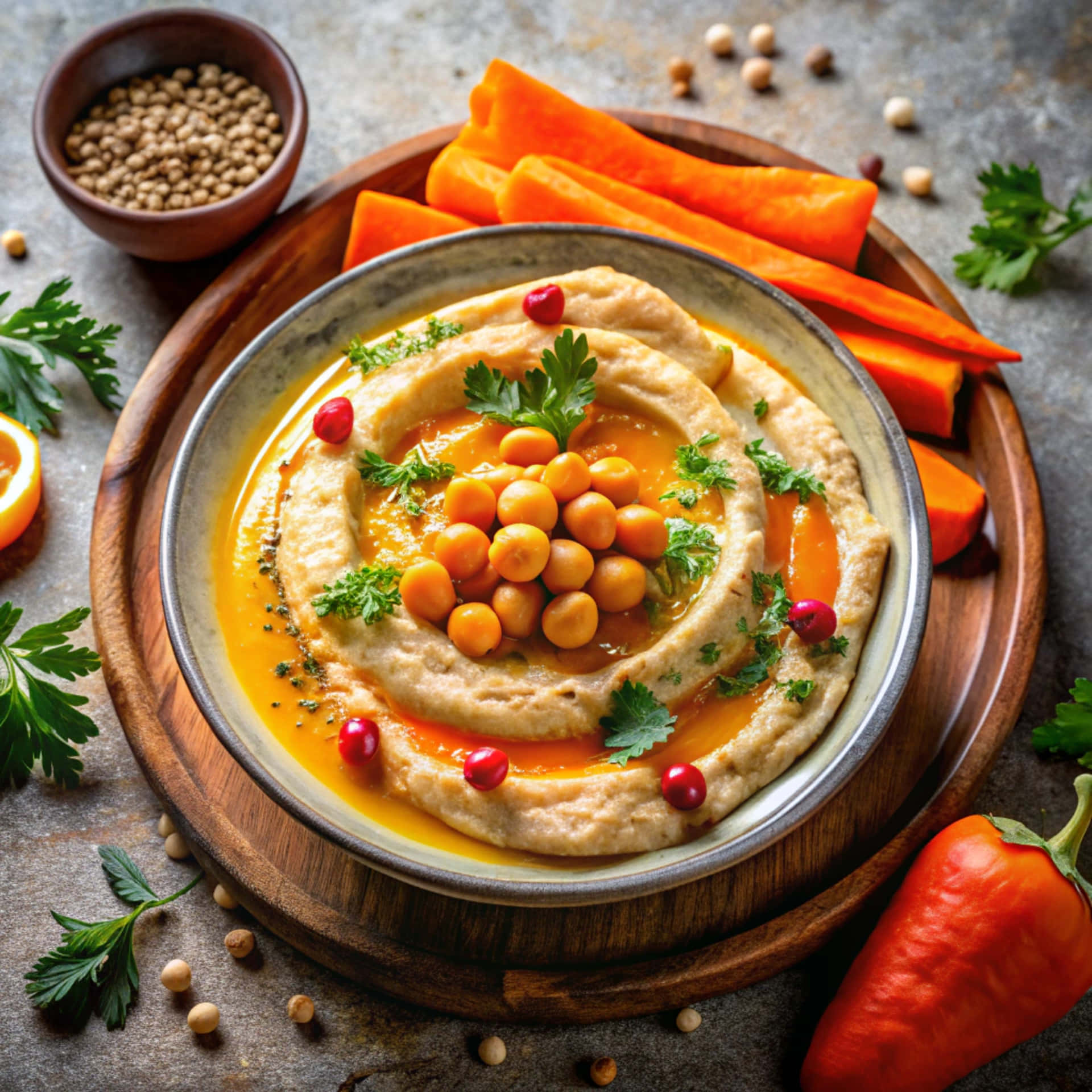 Pumpkin with chickpeas 壁紙 — 一碗奶油鷹嘴豆泥，飾以鷹嘴豆、巴西里和紅莓，放在木盤上，周圍有紅蘿蔔條、香菜和紅甜椒。