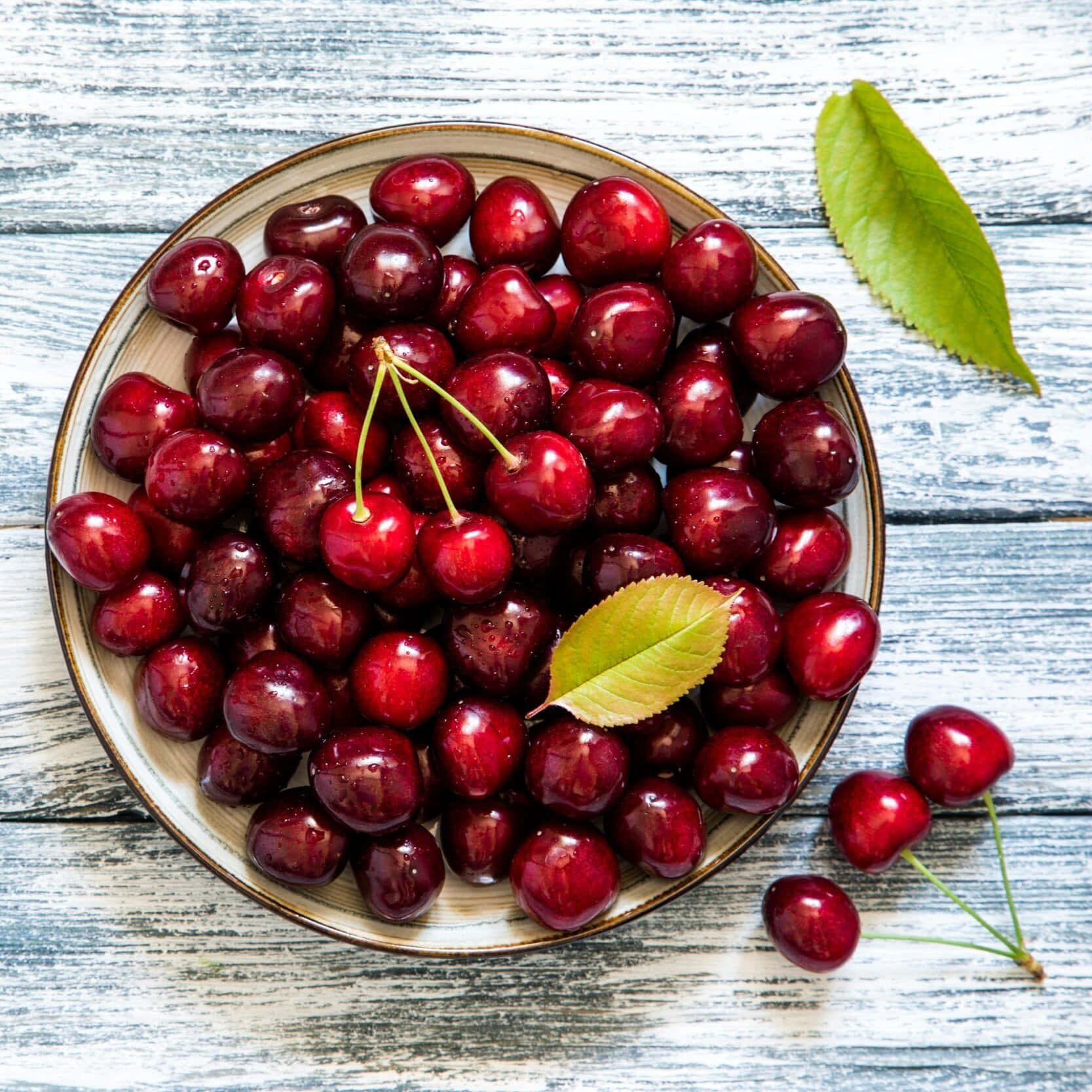 Black Cherry 桌布 壁紙 — 一碗帶有綠色葉子的光澤紅櫻桃放在一個風化的白色木質表面上。